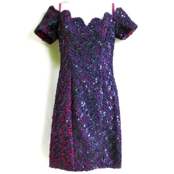 Zum Zum Cocktail Dress Wiggle Off Shoulder Sequin Scalloped Neck Back Zip Lined